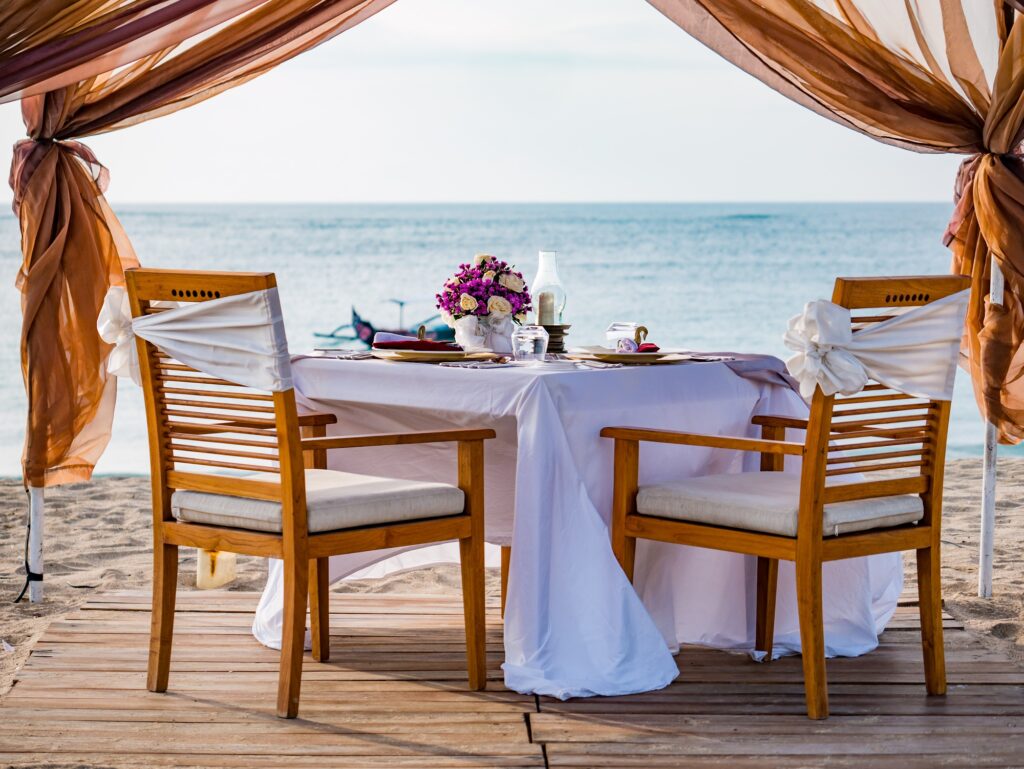 Romantic dinner setting on the beach