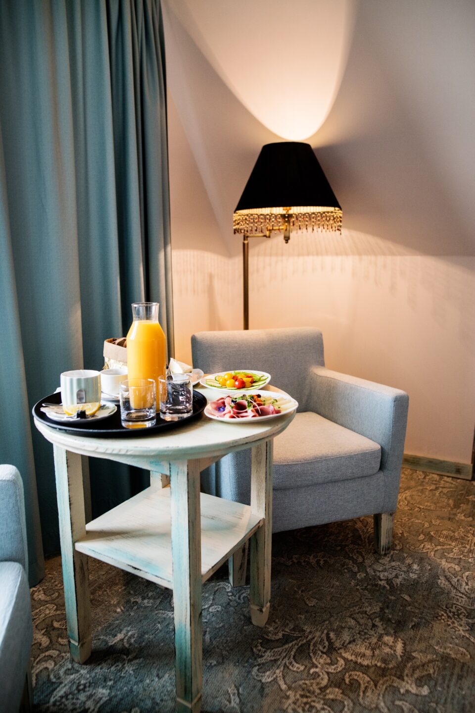 Food on a table in a hotel room.