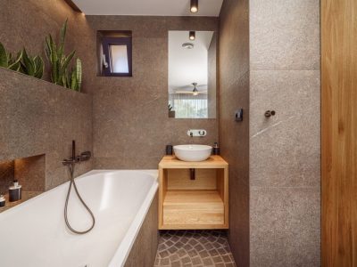 Interior of modern bathroom in luxury hotel