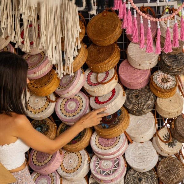 Young female tourist in local market stock photo